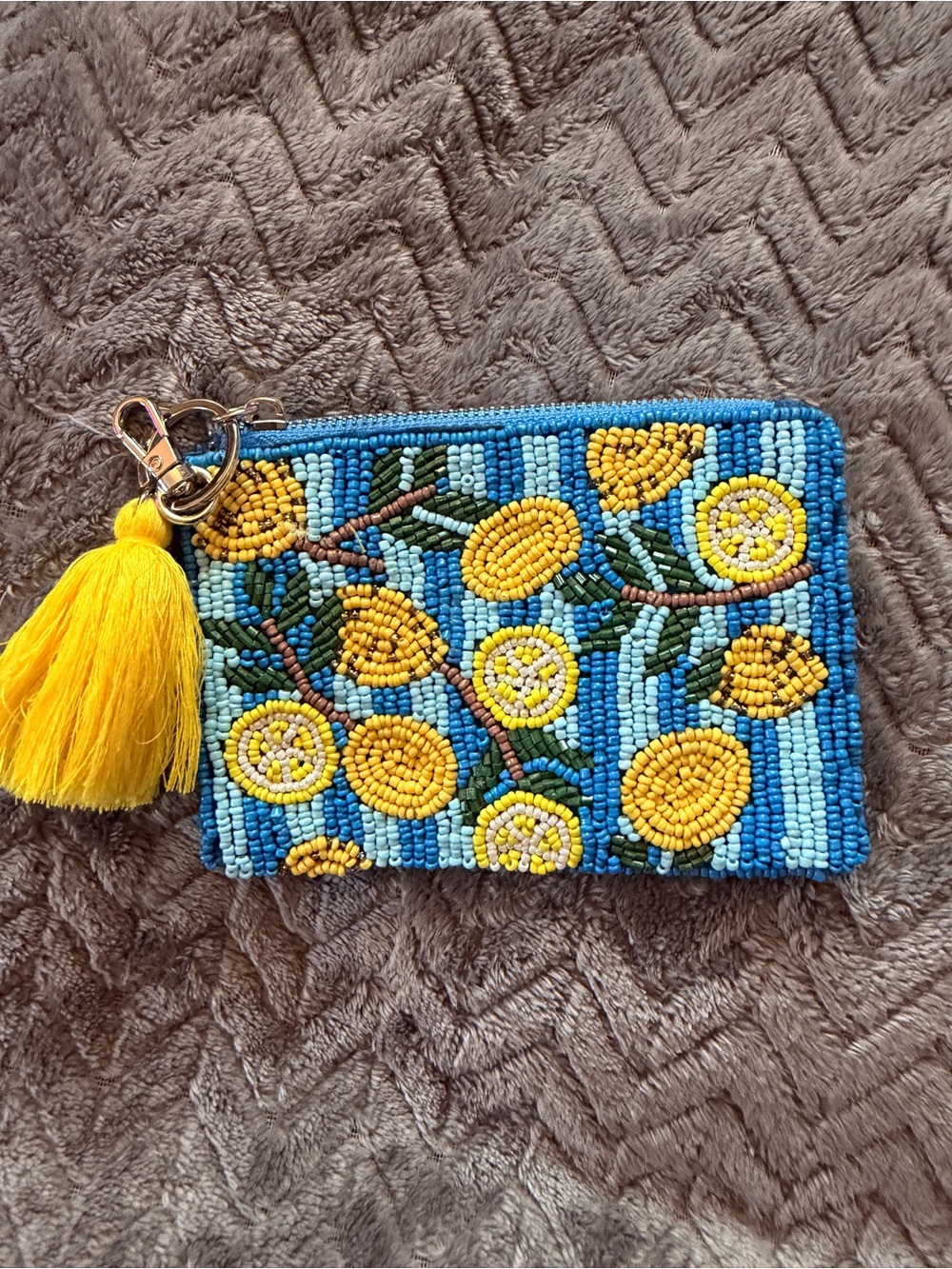 Beaded Lemon Print Wristlet Pouch with Yellow Tassel